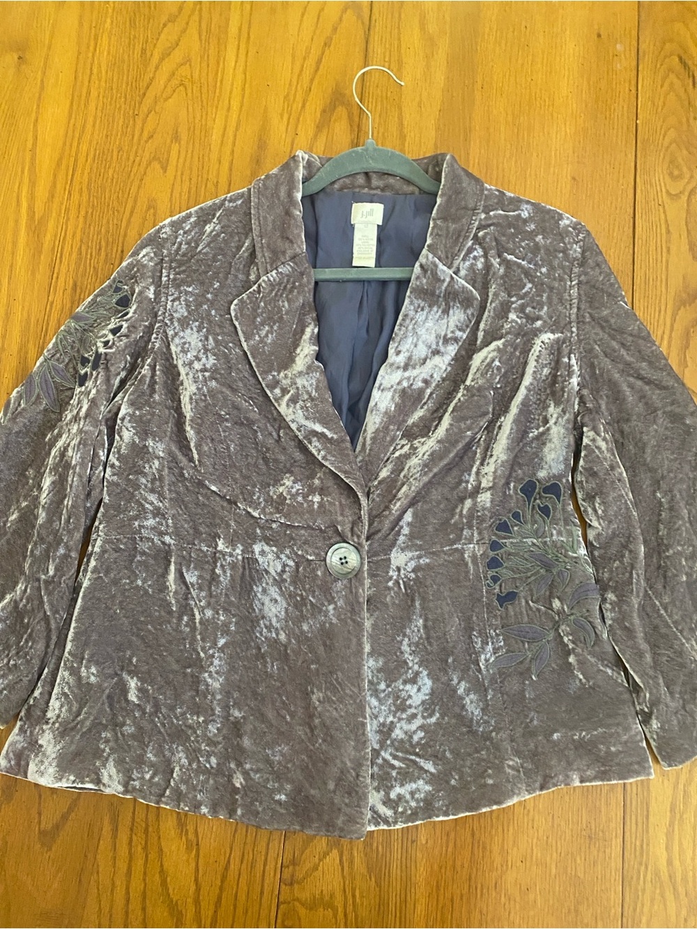 J. Jill Gray Crushed Velvet Floral Embroidered Blazer Jacket Size 12